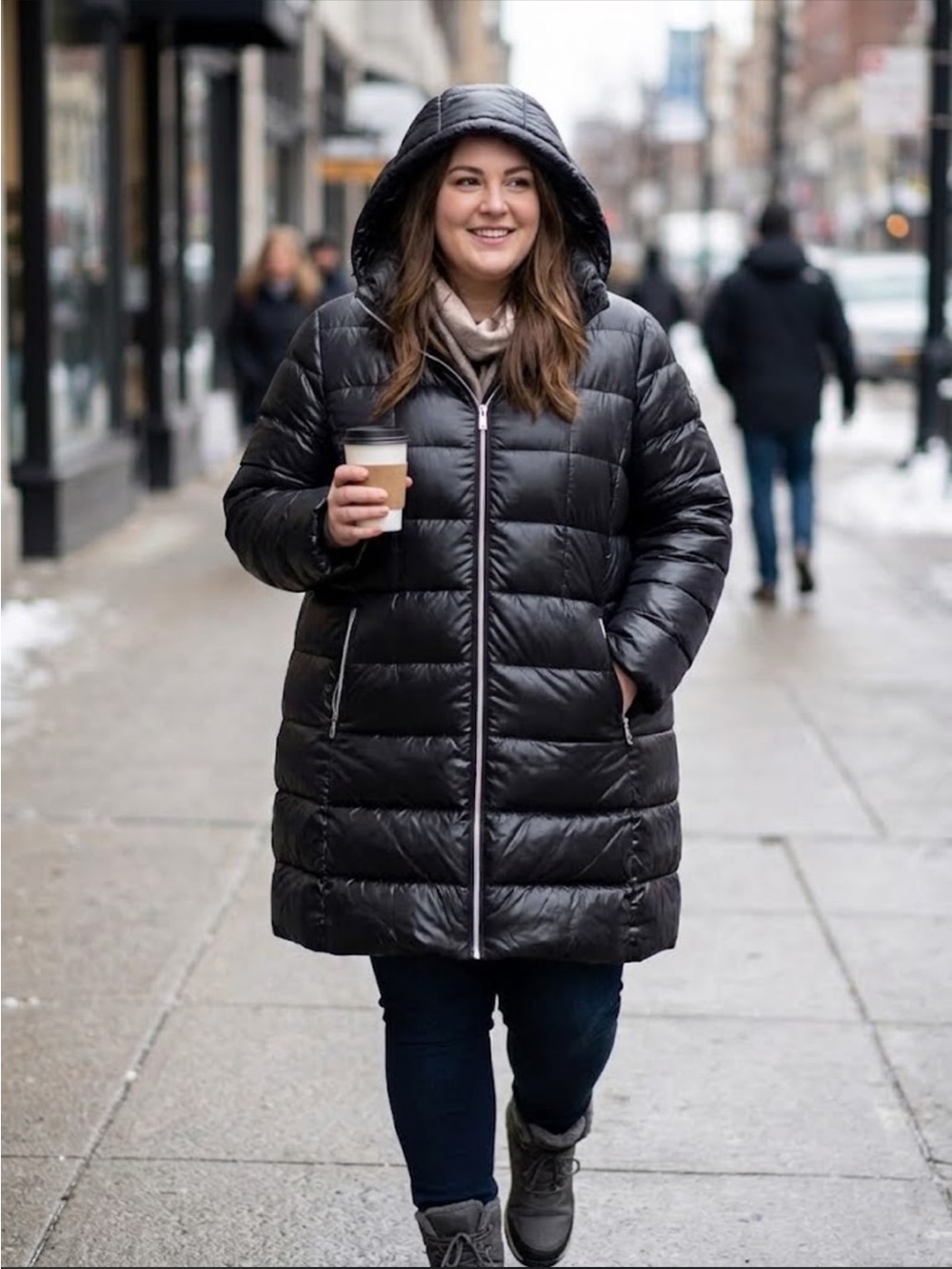 (X0-1) Michael Kors black quilted long coat with hood, size 3X